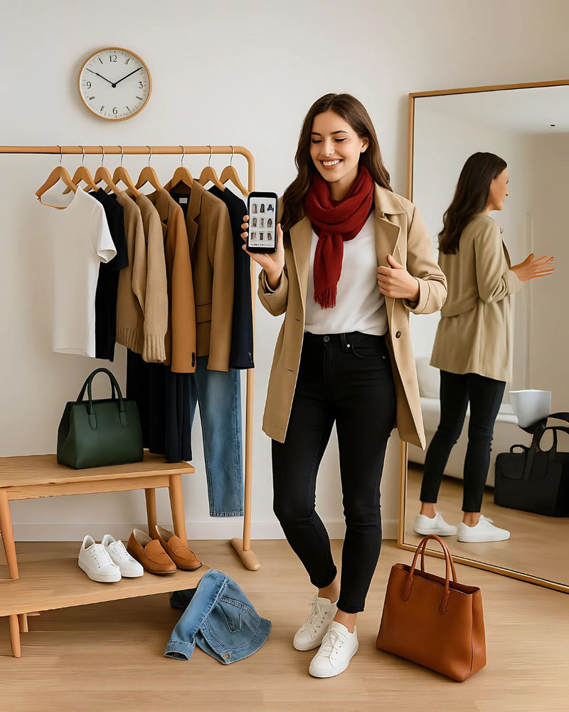 Woman confidently choosing an outfit from her organized closet