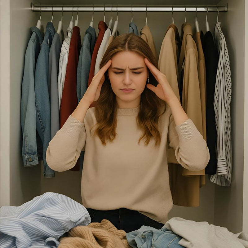 Woman confidently choosing an outfit from her organized closet