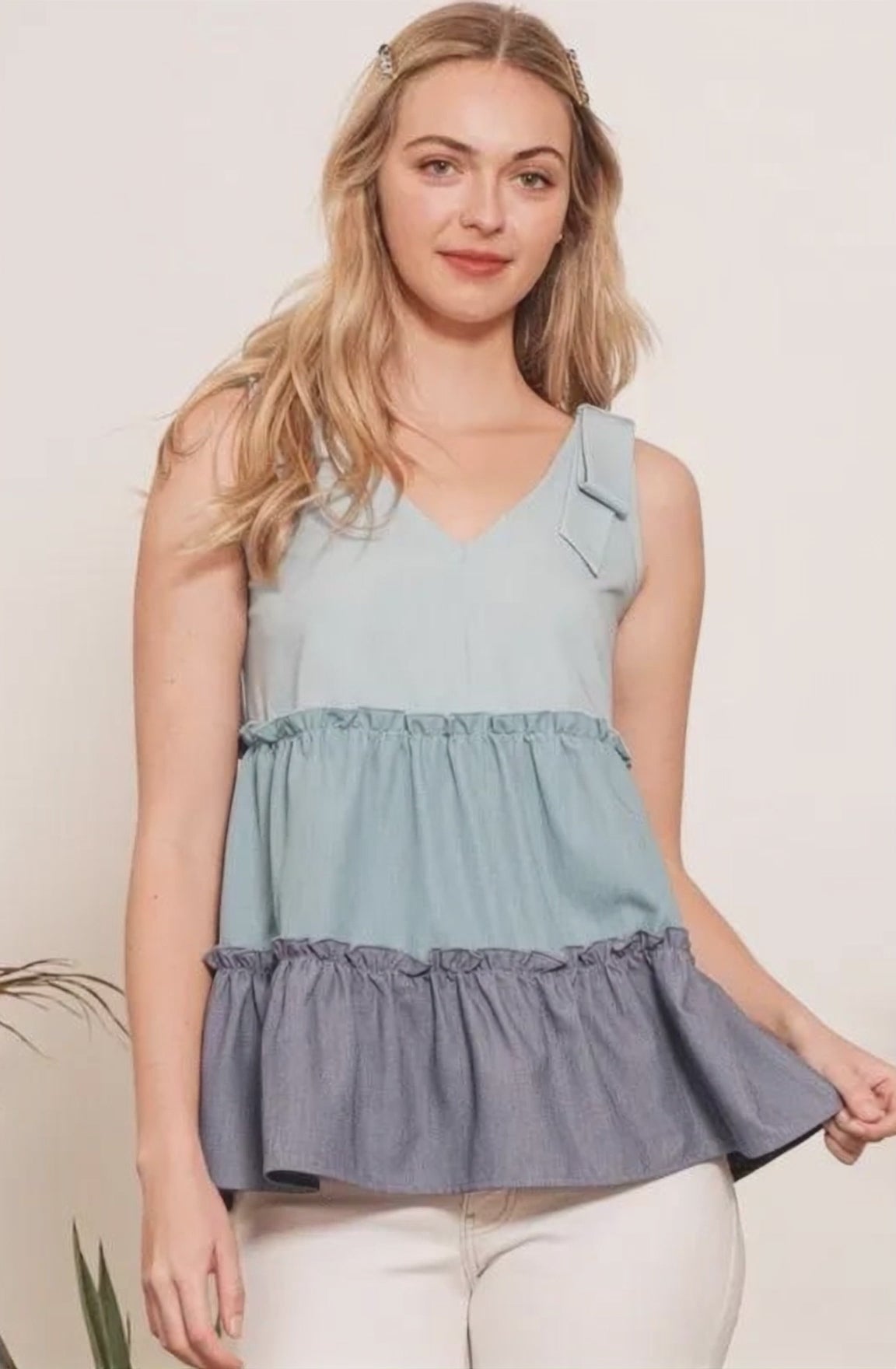 Lime 'N' Chili Full Size Color Block V-Neck Baby Doll Sleeveless Top Plus Size