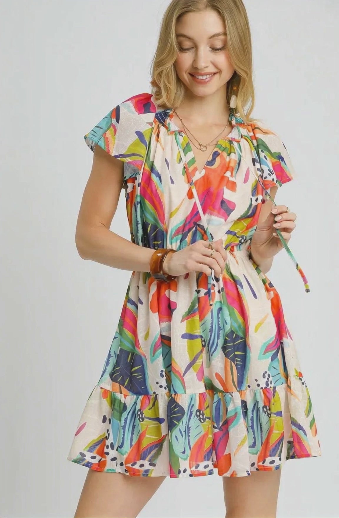 Umgee Printed Tie Neck Ruffled Hem Dress