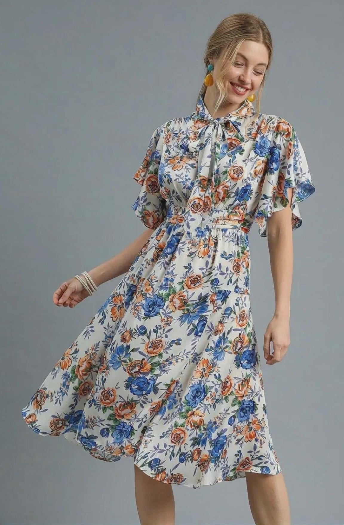 Umgee Floral Print Flutter Sleeve Dress