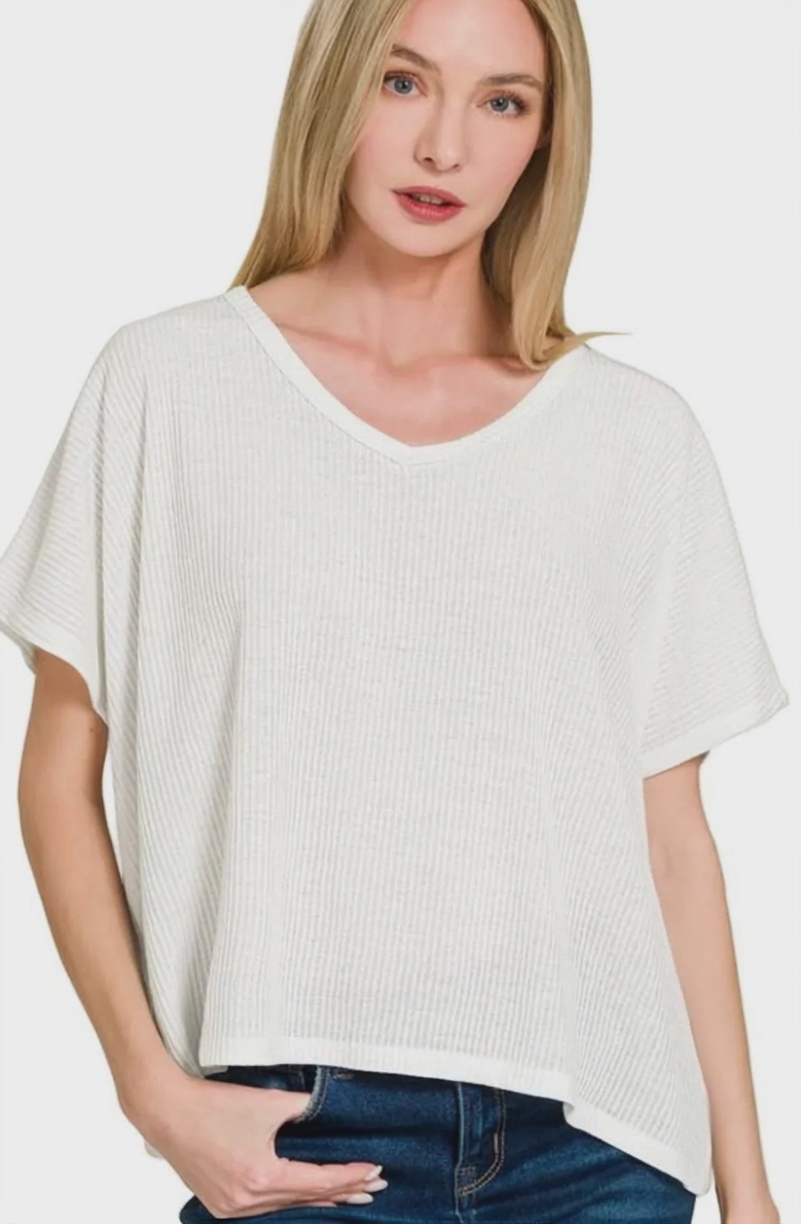 Zenana Ribbed V-Neck Short-Sleeve Knit Top