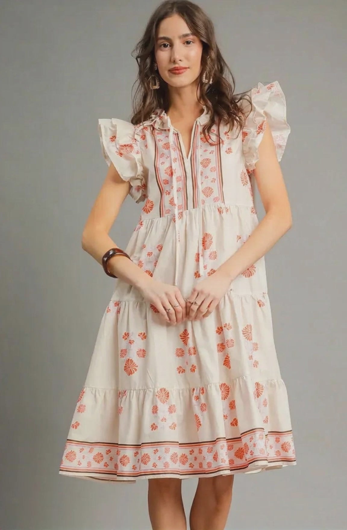 Umgee Printed Tie Neck Ruffle Cap Sleeve Dress