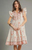Umgee Printed Tie Neck Ruffle Cap Sleeve Dress