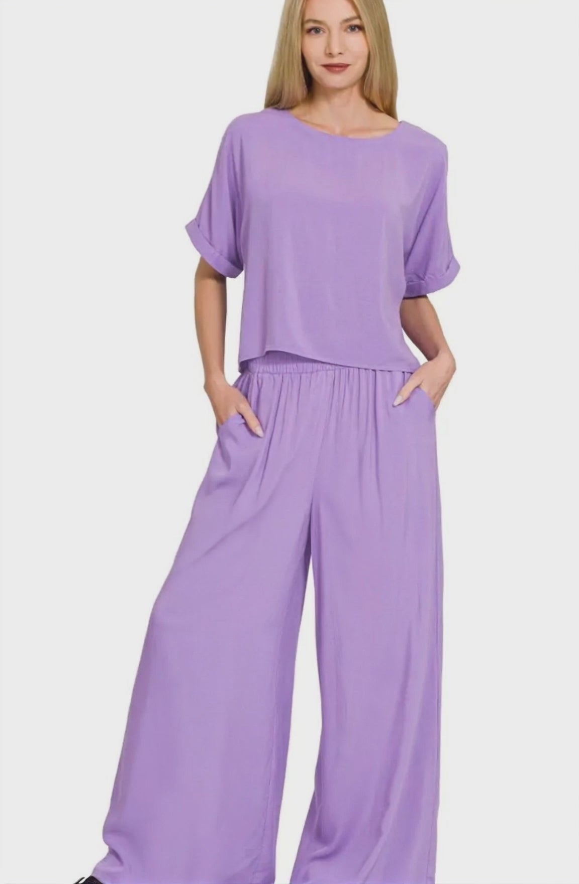 Zenana Round Neck T-Shirt and Wide Leg Pants Set