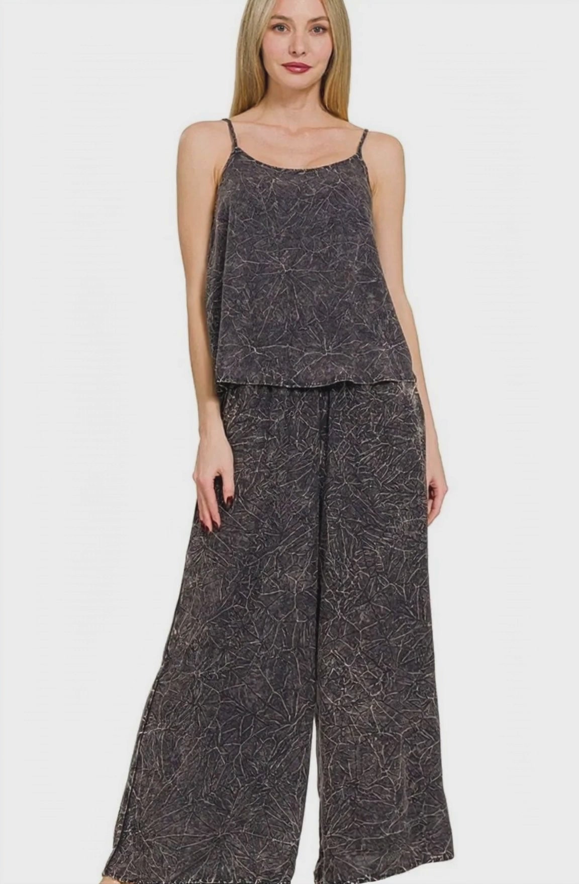 Zenana Woven Acid Crinkle Washed Cami & Pants 2 Piece Set