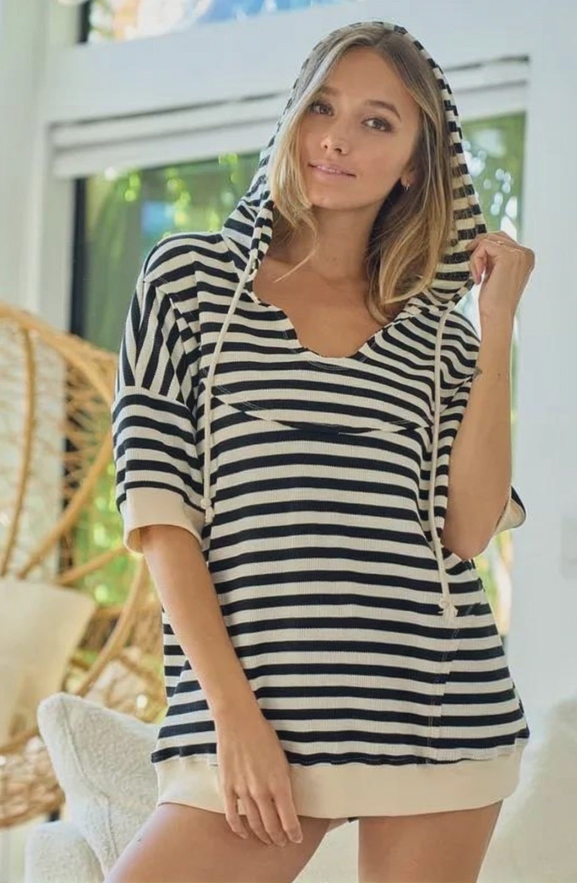 BiBi Stripe Fleece Notch Neck Short Sleeve Hoodie