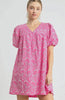 Umgee Floral Puff Sleeve V-Neck Mini Dress