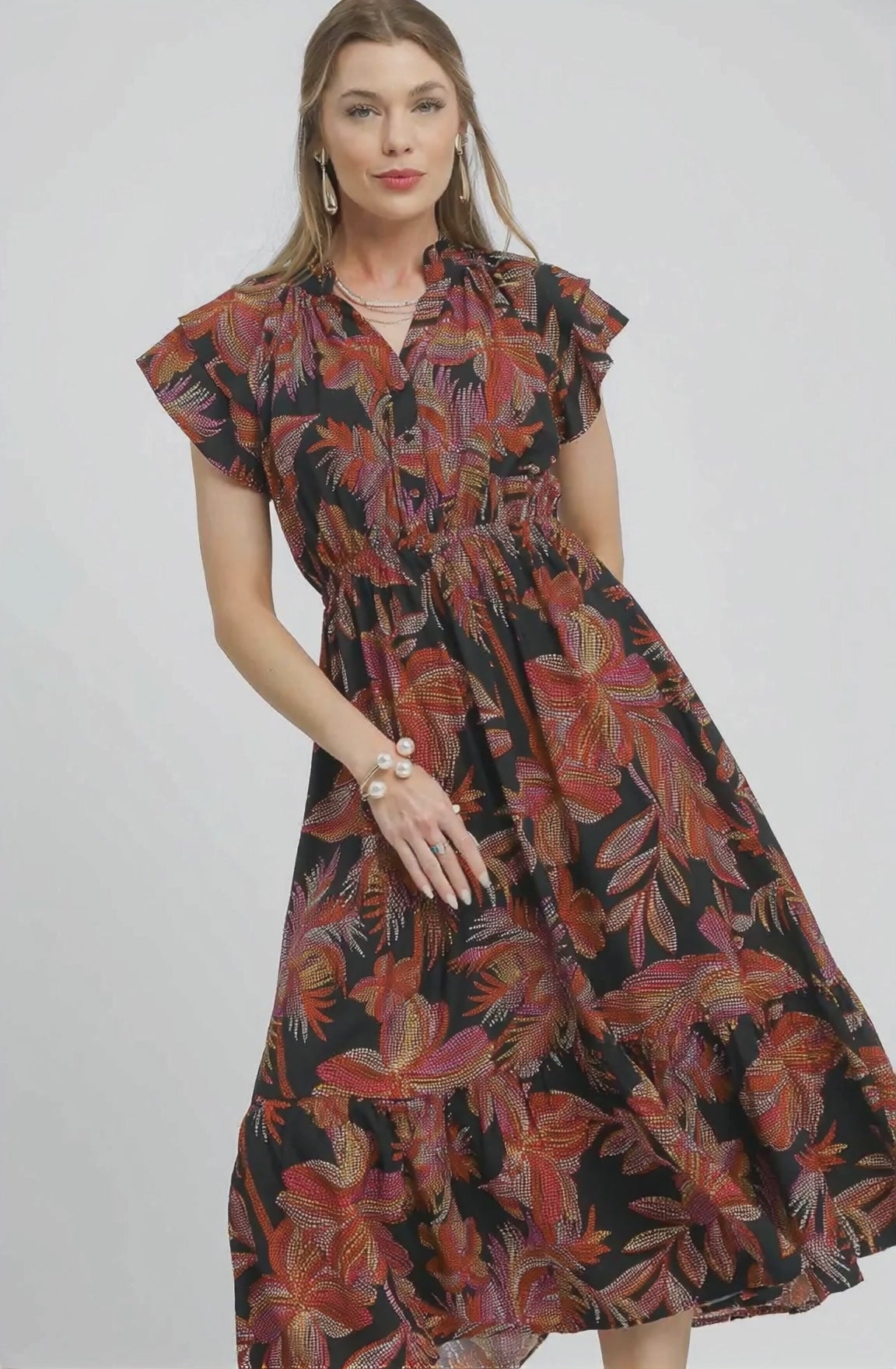 Umgee Mix Ruffle Sleeve Tropical Midi Dress