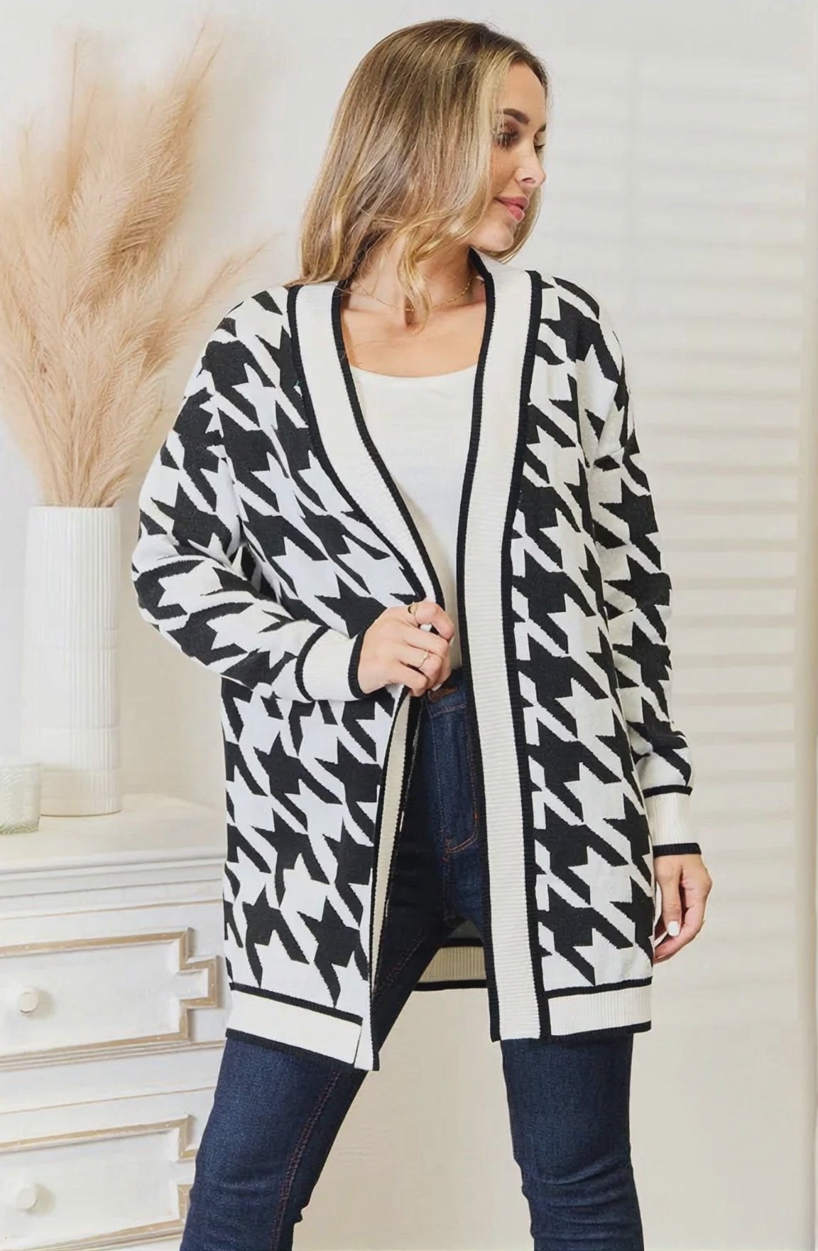 Mandy Woven Right Houndstooth Open Front Longline Cardigan