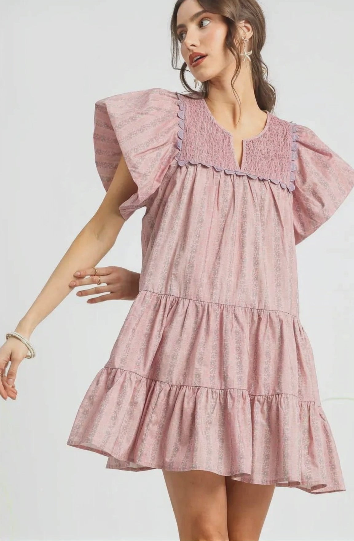 Umgee Floral Ruffled Cap Sleeve Tiered Mini Dress