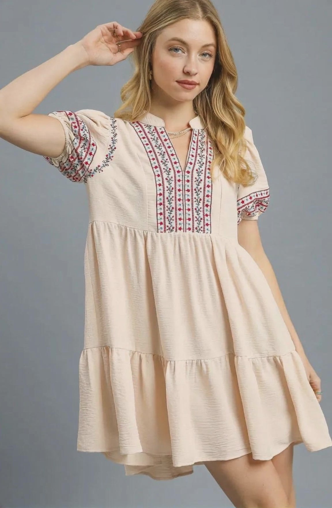 Umgee Floral Trim Puff Sleeve Mini Dress