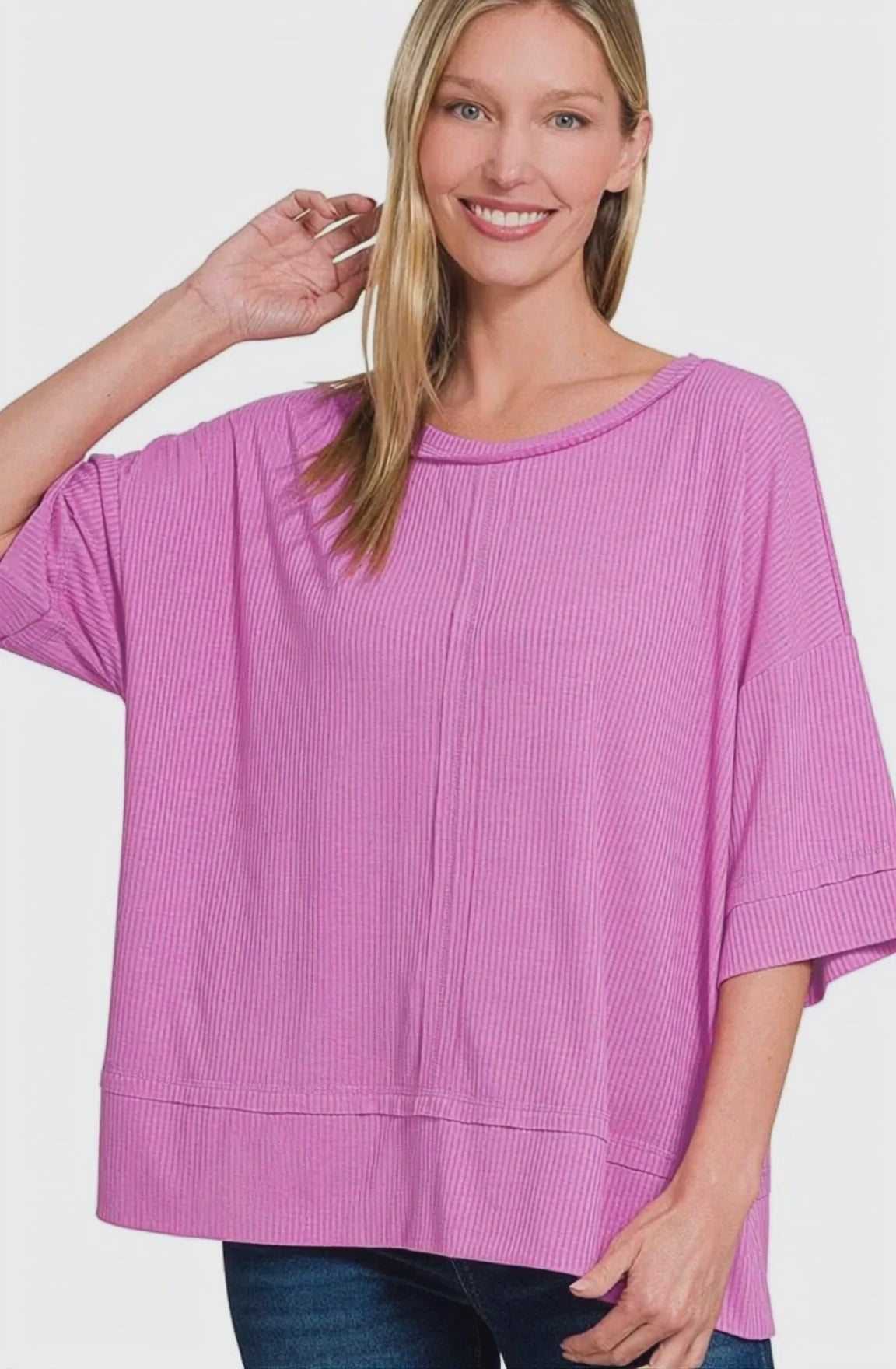 Zenana Ribbed Boat Neck 3/4 Sleeve Top