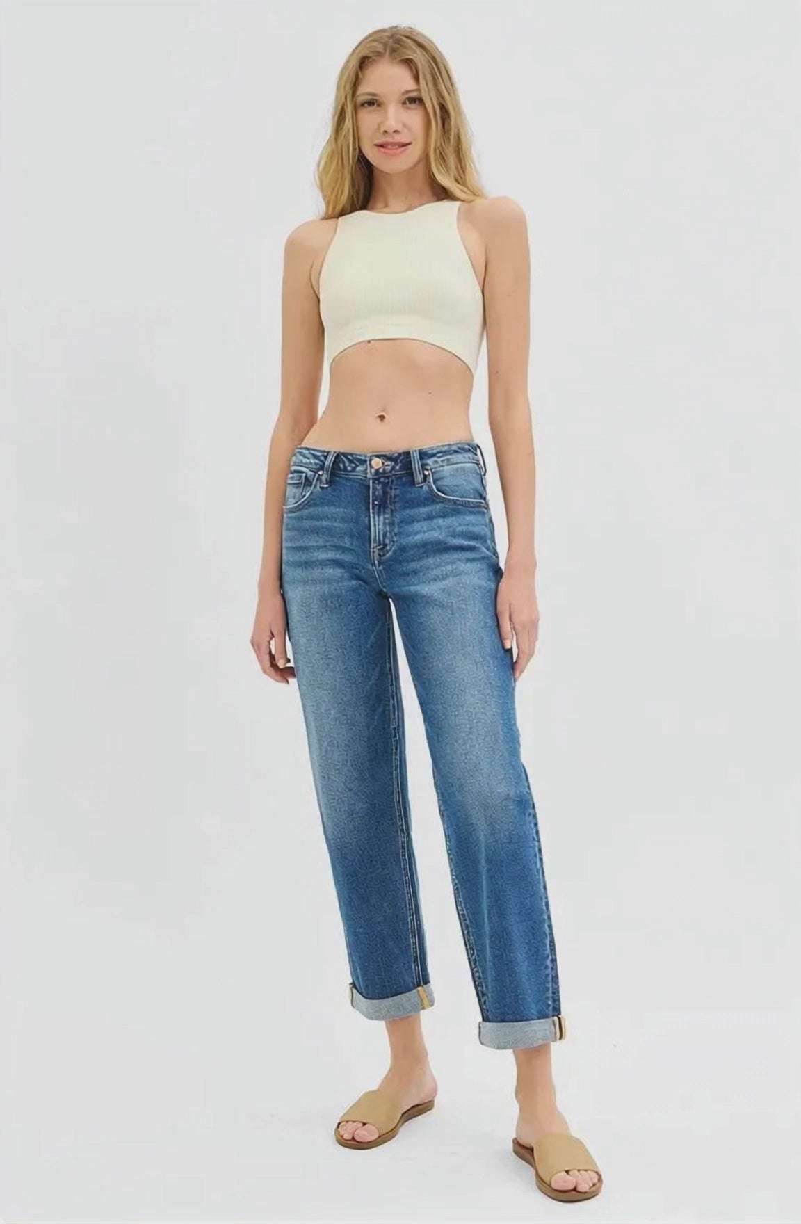 RISEN Full Size Mid Rise Boyfriend Roll Up Jeans Plus Size