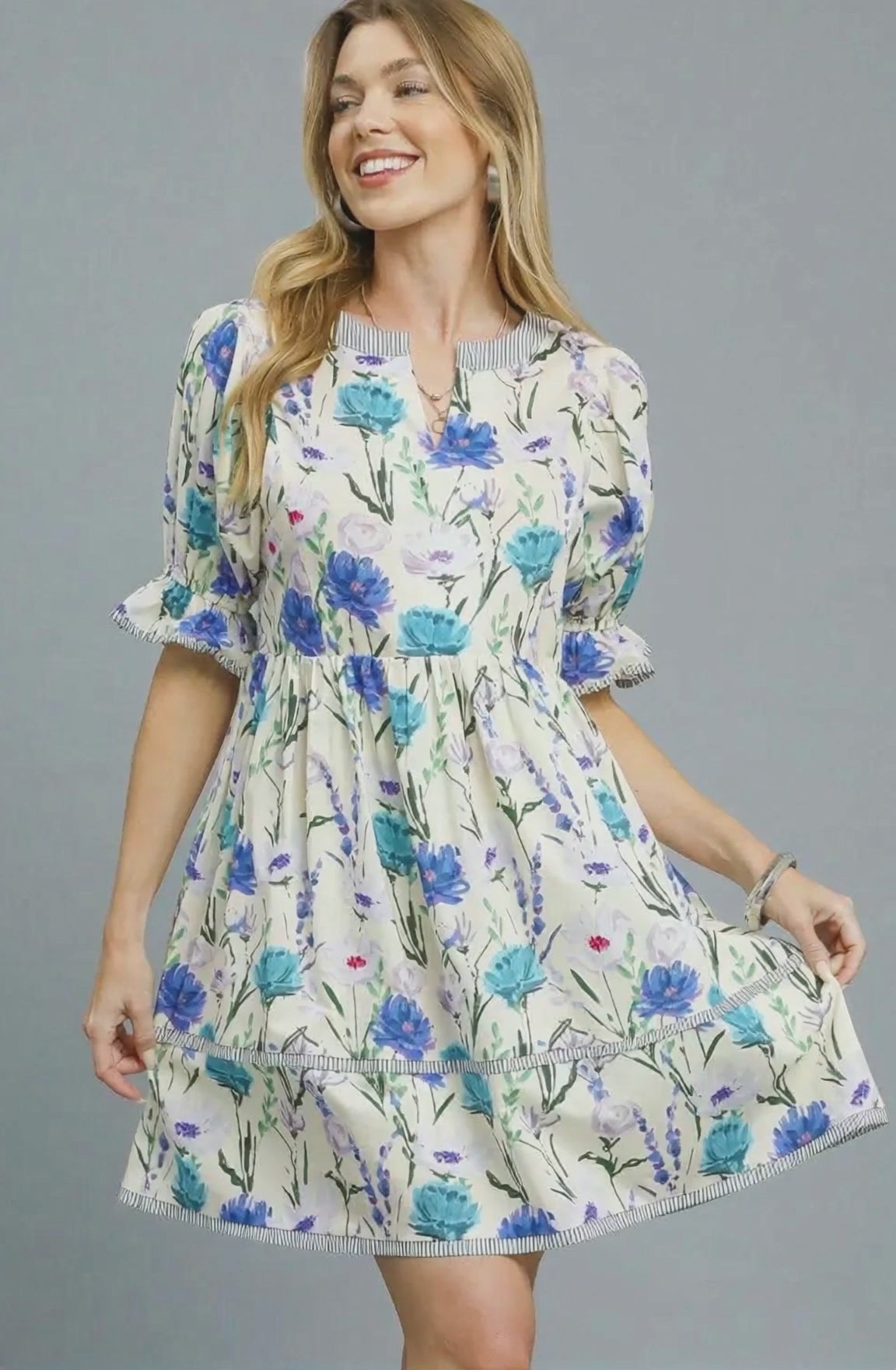 Umgee BabyDoll Floral Striped Hem Mini Dress